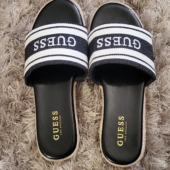 GUESS Women's Black and White Slide Sandals - Picture 5 of 5